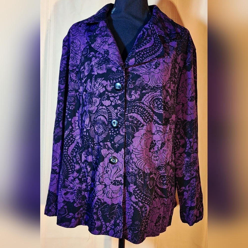 Purple and Black Floral Button-Up Micro-suede Jacket